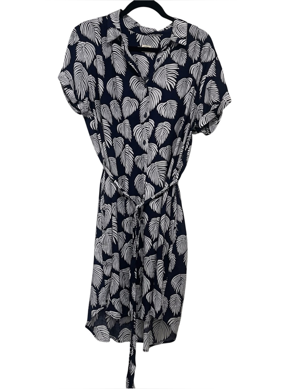 Bridge & Burn Belted Short Sleeve Shirt Dress Full Button Palm Leaf Large L